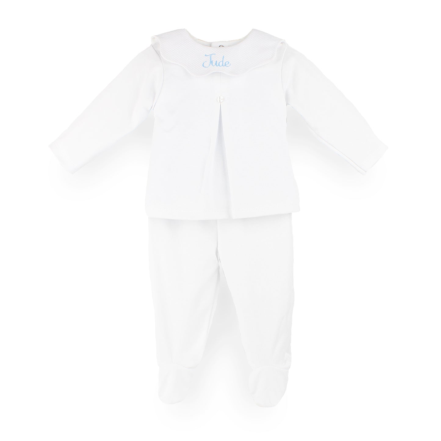 Personalised white 2 piece 100% cotton baby outfit with embroidered scalloped collar made in Portugal