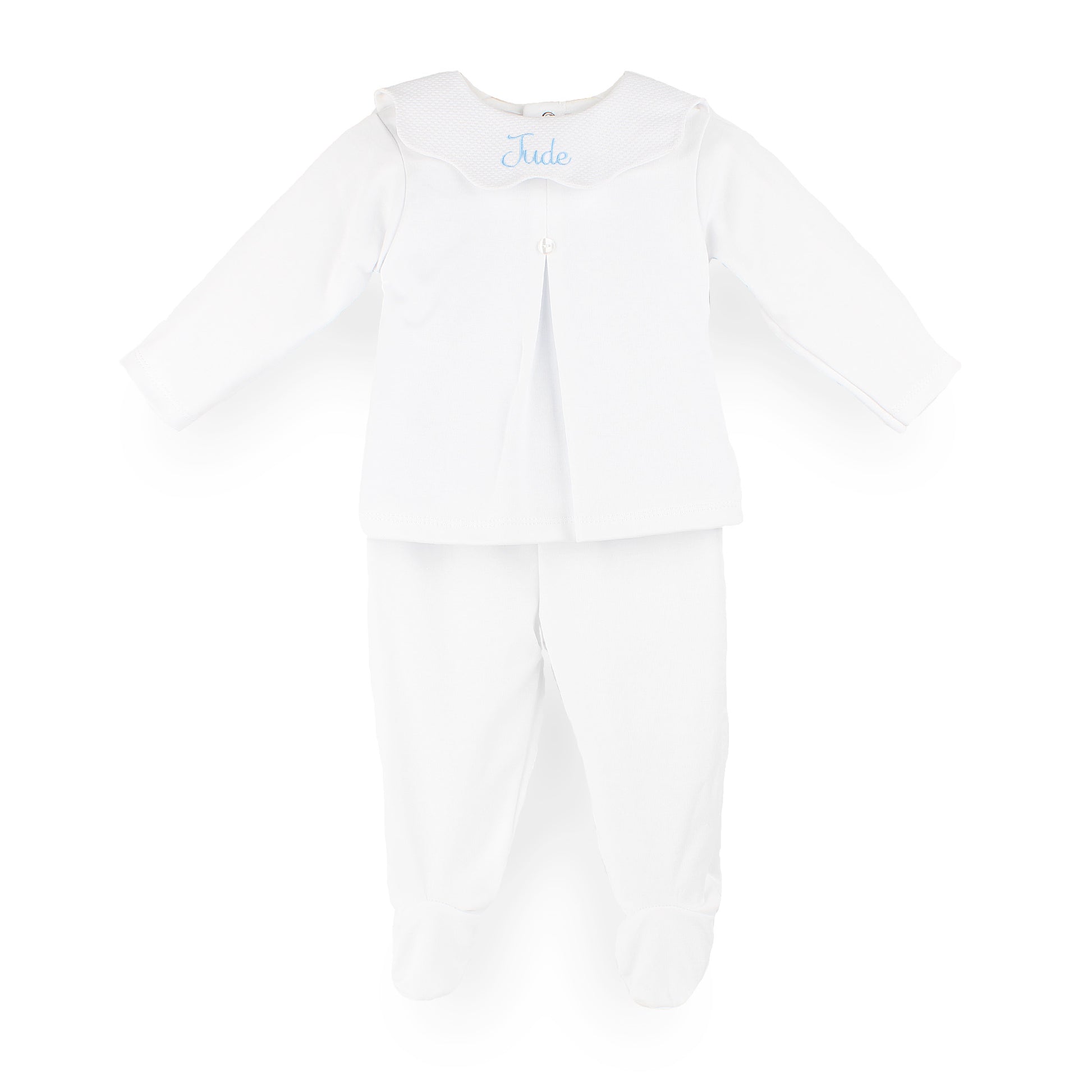 Personalised white 2 piece 100% cotton baby outfit with embroidered scalloped collar made in Portugal