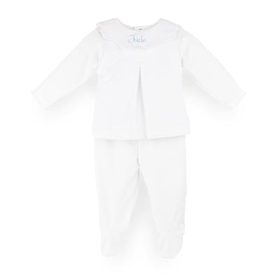 Personalised White 2 Piece Baby Outfit with Embroidered Scalloped Collar