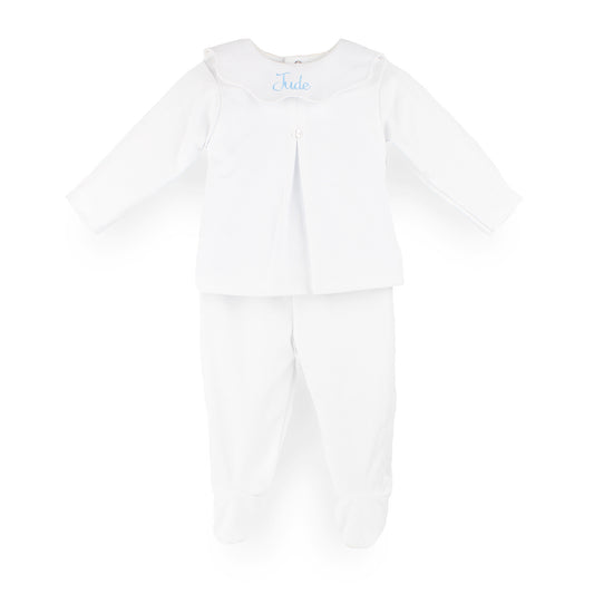 Personalised white 2 piece 100% cotton baby outfit with embroidered scalloped collar made in Portugal