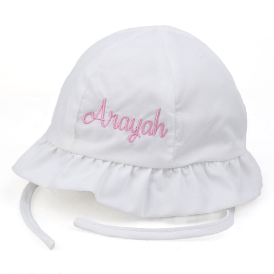 personalised bay girl white sun hat with name