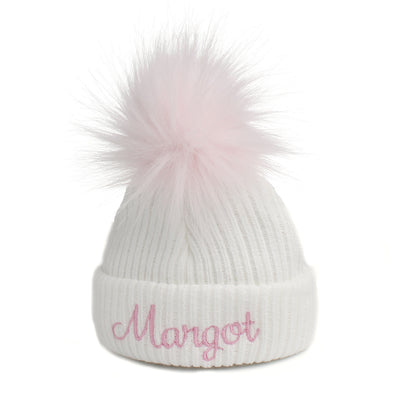 Personalised Baby Hat - White with Pink Pom