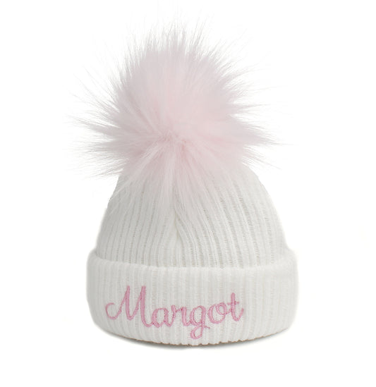 personalised baby girl pom hat white with pink fur pom