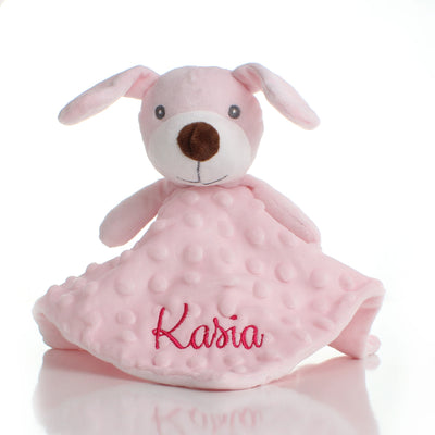 Personalised Pink Baby Comforter with Plush Puppy