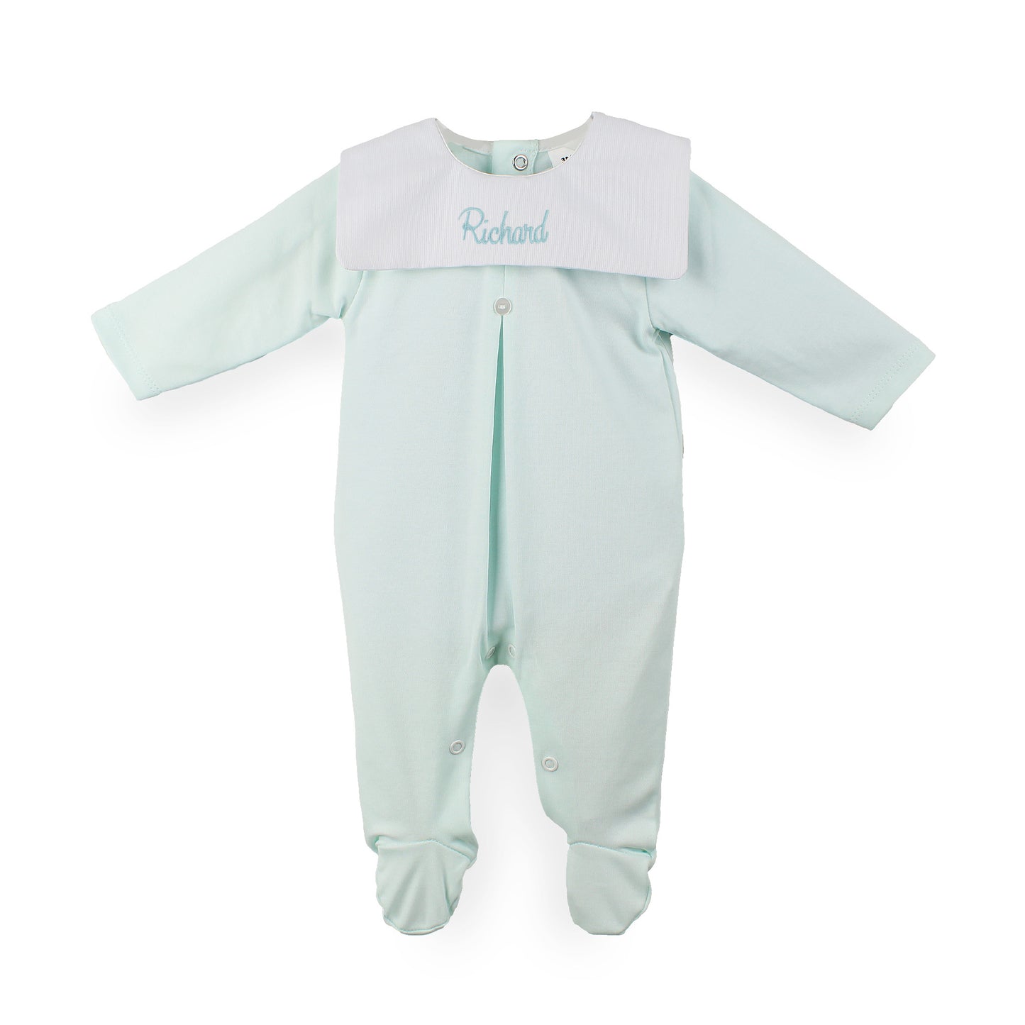 A baby footed sleeper in pale mint green with a contrasting white bib collar personalized with the name 'Richard' in light blue script, shown on a plain white background.