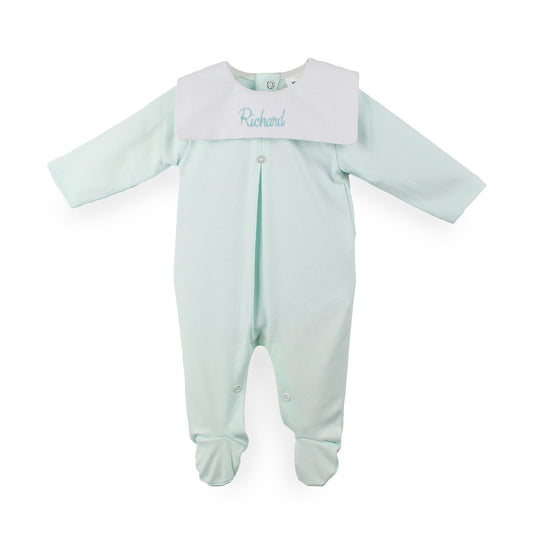 A baby footed sleeper in pale mint green with a contrasting white bib collar personalized with the name 'Richard' in light blue script, shown on a plain white background.