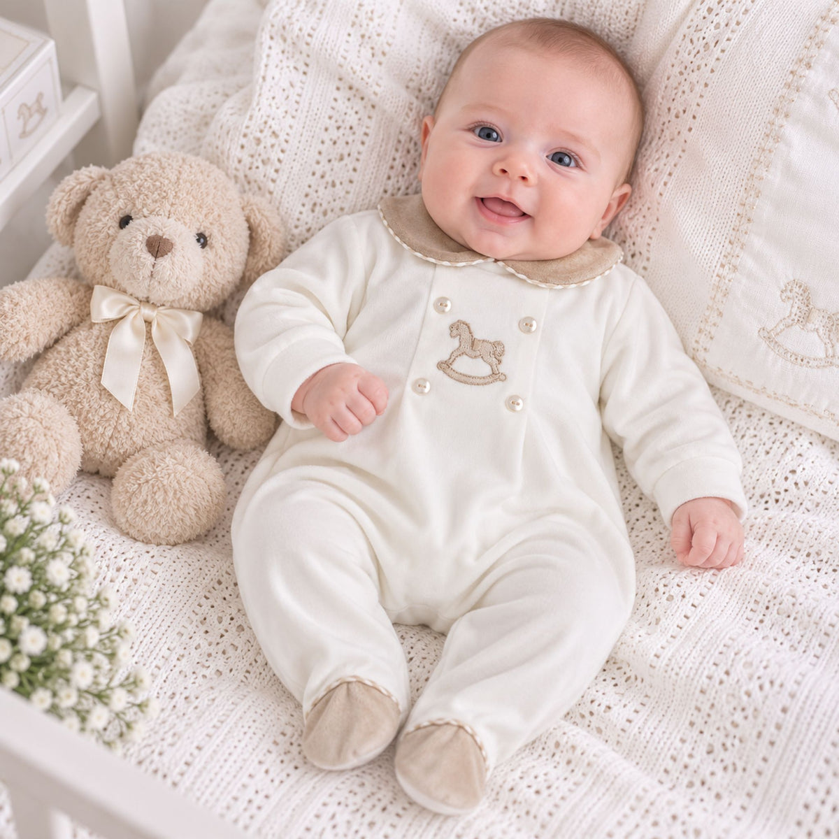 A baby wearing an off-white footed jumpsuit with a beige collar and a small rocking horse embroidery, lying on a white knit blanket next to a teddy bear.