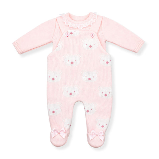 PEX Baby Girls Pink Knitted Teddy Dungaree & Top Set