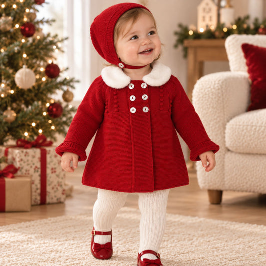 baby girl red knitted coat with bonnet