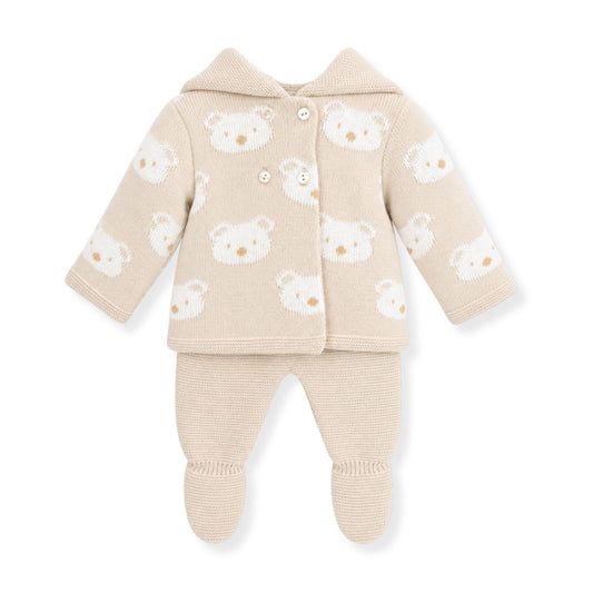 Beige baby outfit with bear pattern on a white background