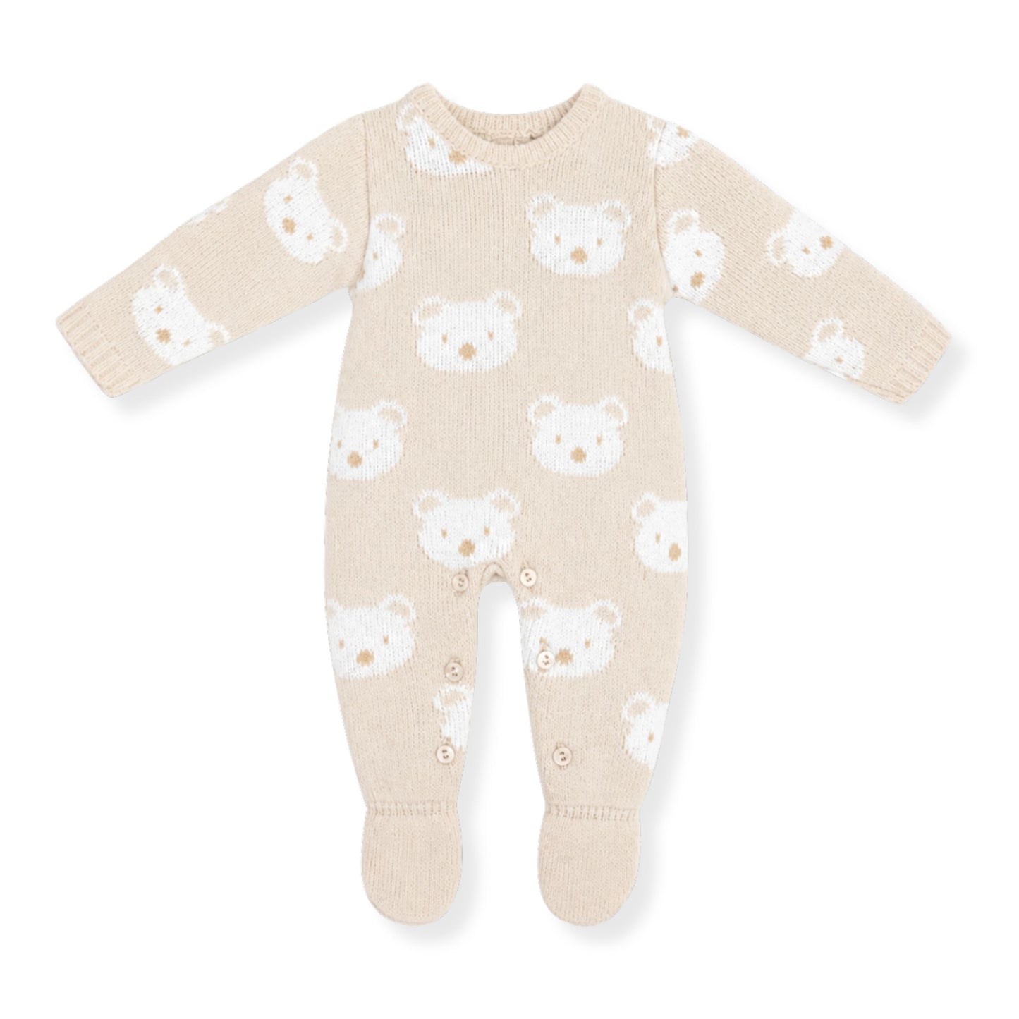 Beige baby onesie with white bear pattern on a white background