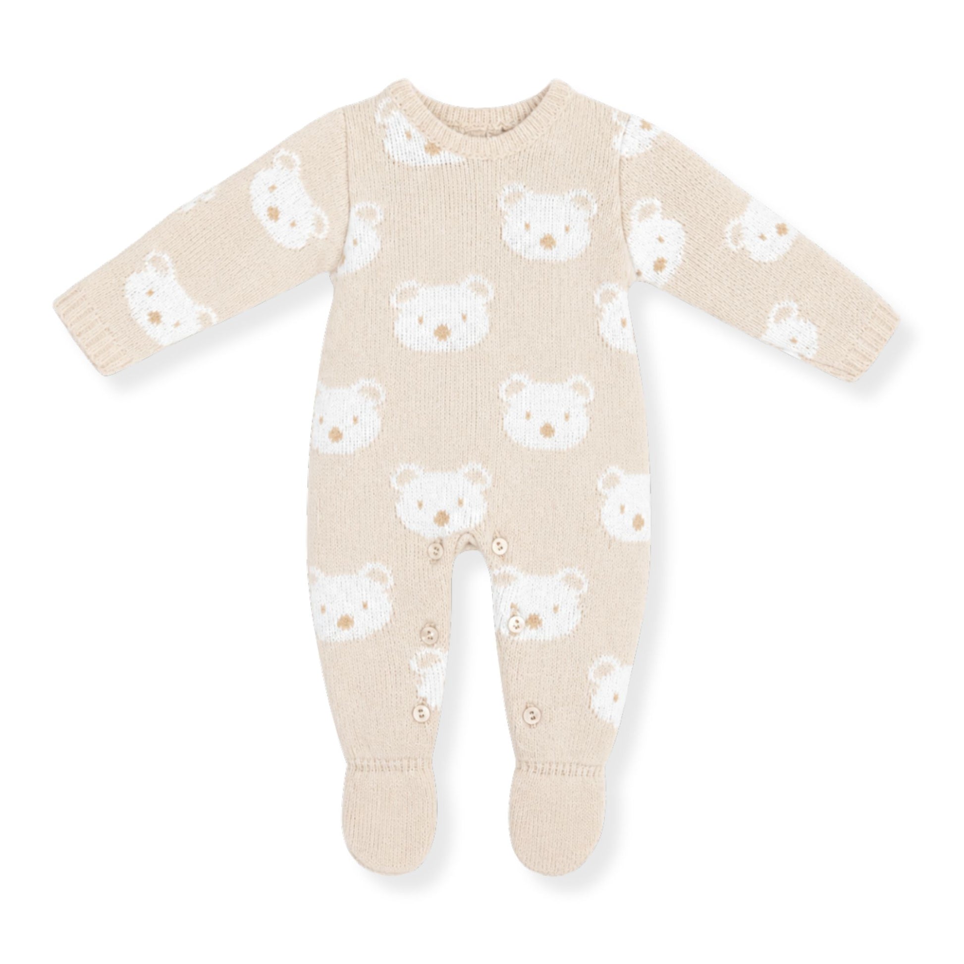 Beige baby onesie with white bear pattern on a white background