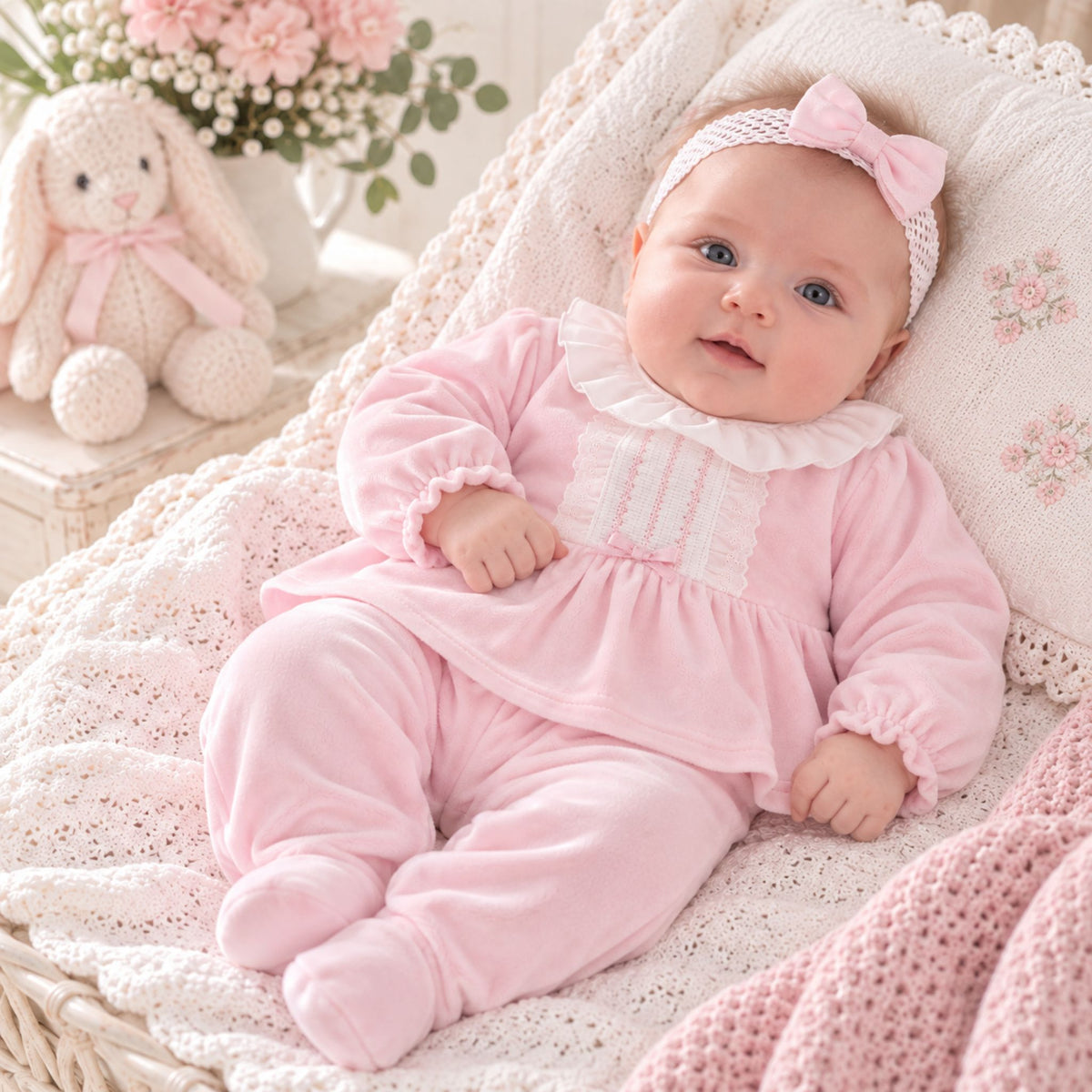 A baby wearing a pink long-sleeve footed romper and matching pink bow headband, lying on a white crocheted blanket in a wicker basket with a stuffed bunny and flowers in the background.