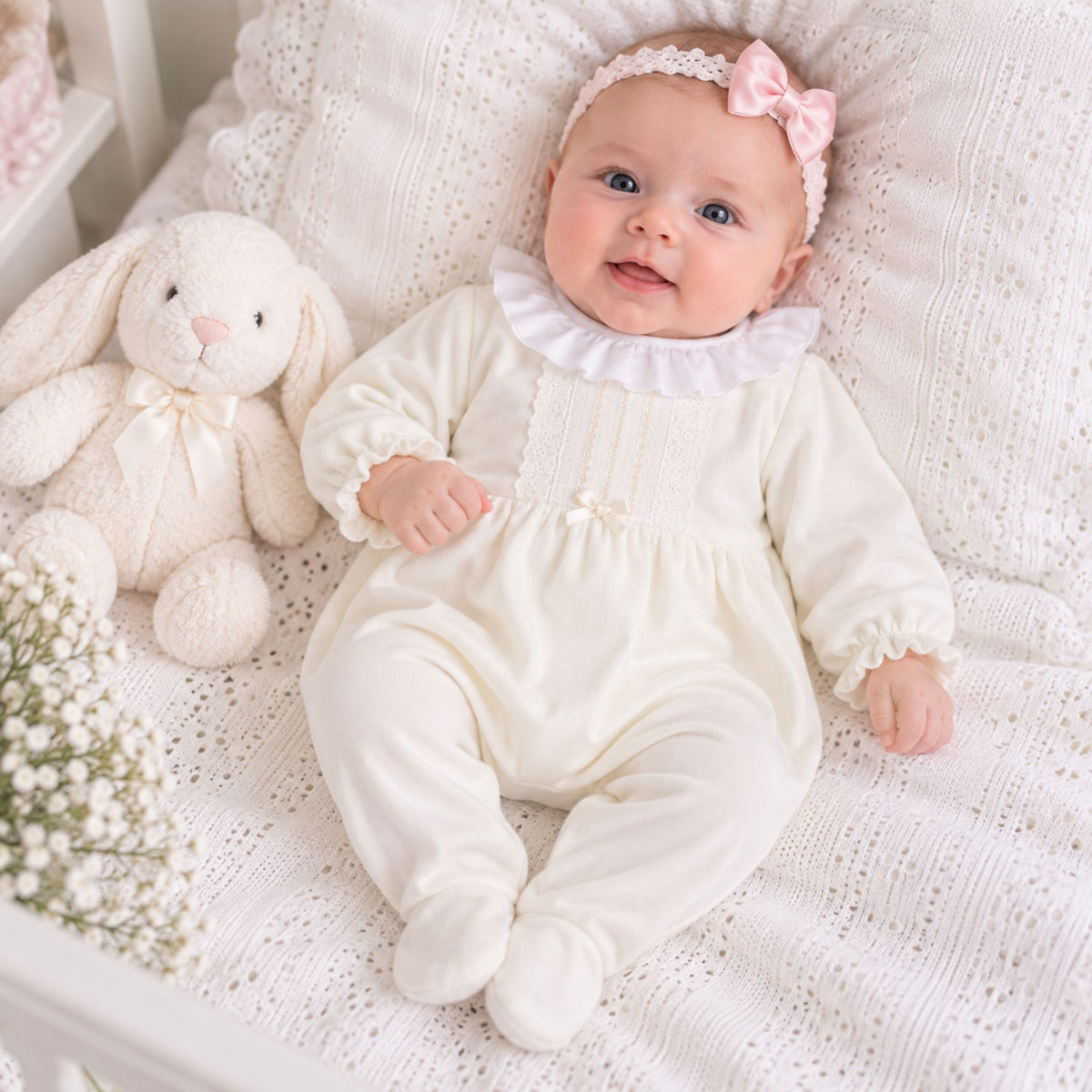 A baby lying on a white textured blanket next to a plush bunny toy, wearing a cream-colored footed onesie with a ruffled collar and a matching pink bow headband.