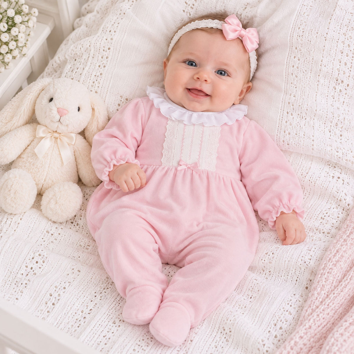 A baby wearing a pink footed sleeper with white ruffle trim and a matching pink bow headband, lying on a white textured blanket next to a plush white bunny.