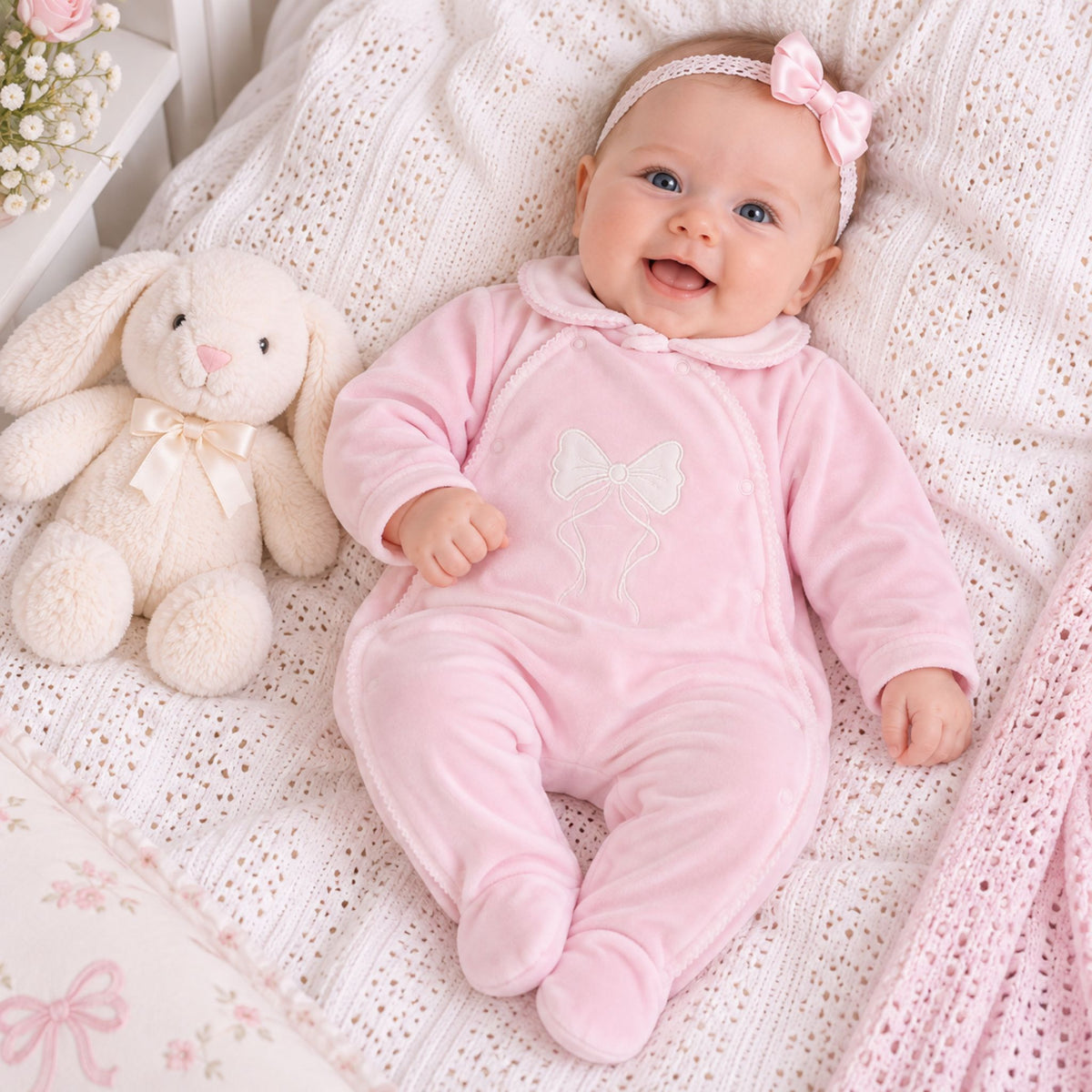 A smiling baby lying on a white knit blanket next to a cream stuffed bunny, wearing a pink footed onesie with a bow graphic on the chest, a matching pink bow headband, and a pink bonnet.