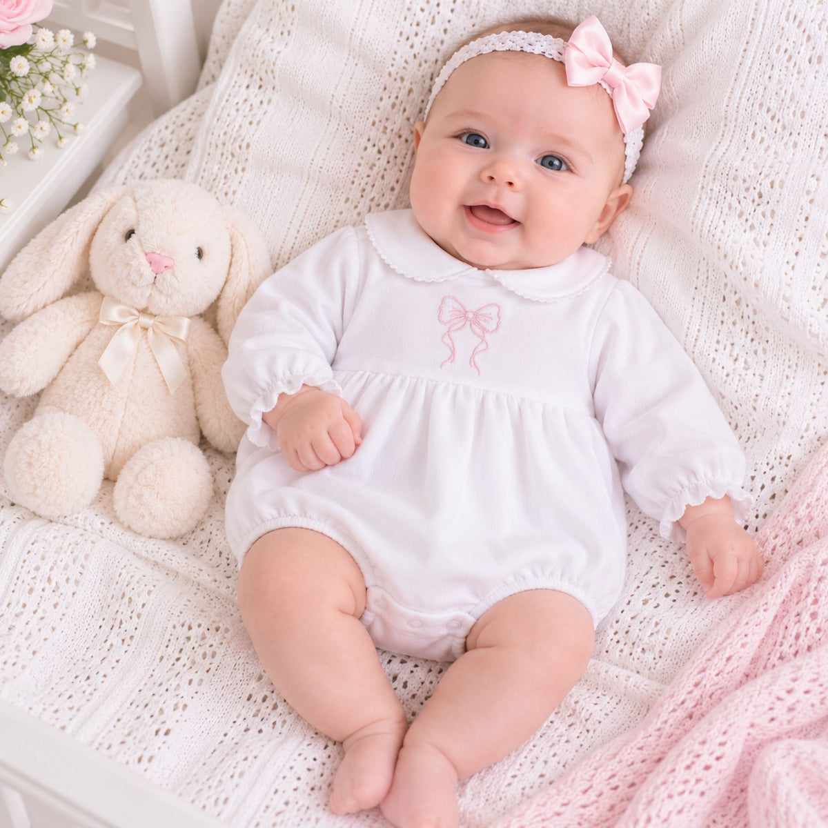 A smiling baby wearing a white long-sleeve romper with a pink bow on the chest, a matching pink bow headband, and lying on a white knit blanket next to a plush cream bunny.