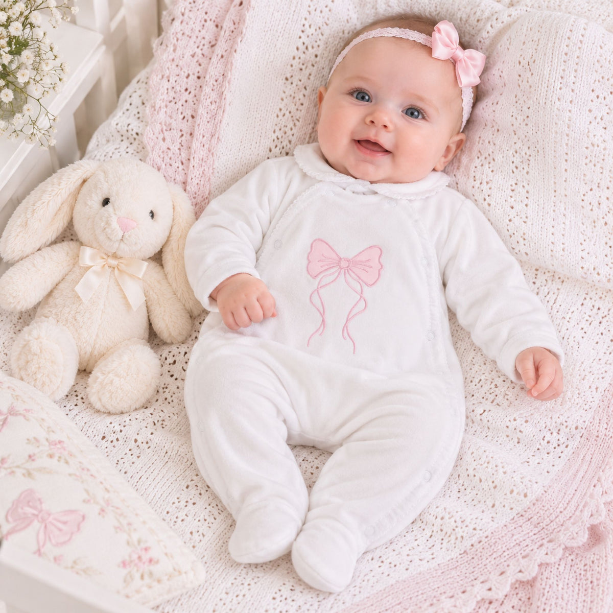 A baby lying on a soft pink and white crocheted blanket next to a plush bunny toy, wearing a white footed sleeper with a pink bow graphic on the chest and a matching pink bow headband.