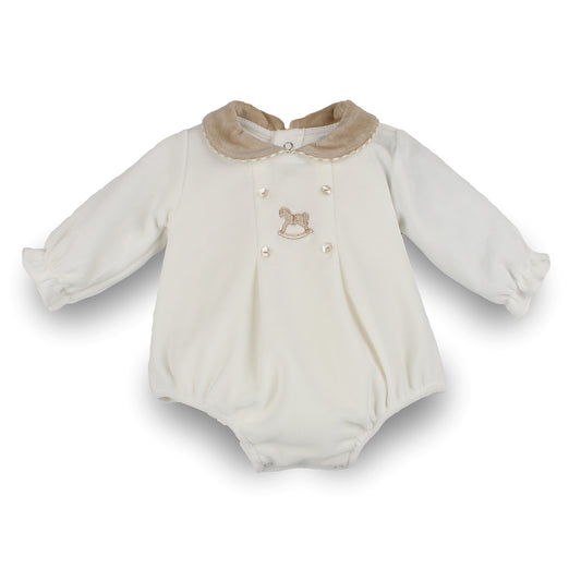 Pex cream and beige baby romper with velour collar and rocking horse embroidery