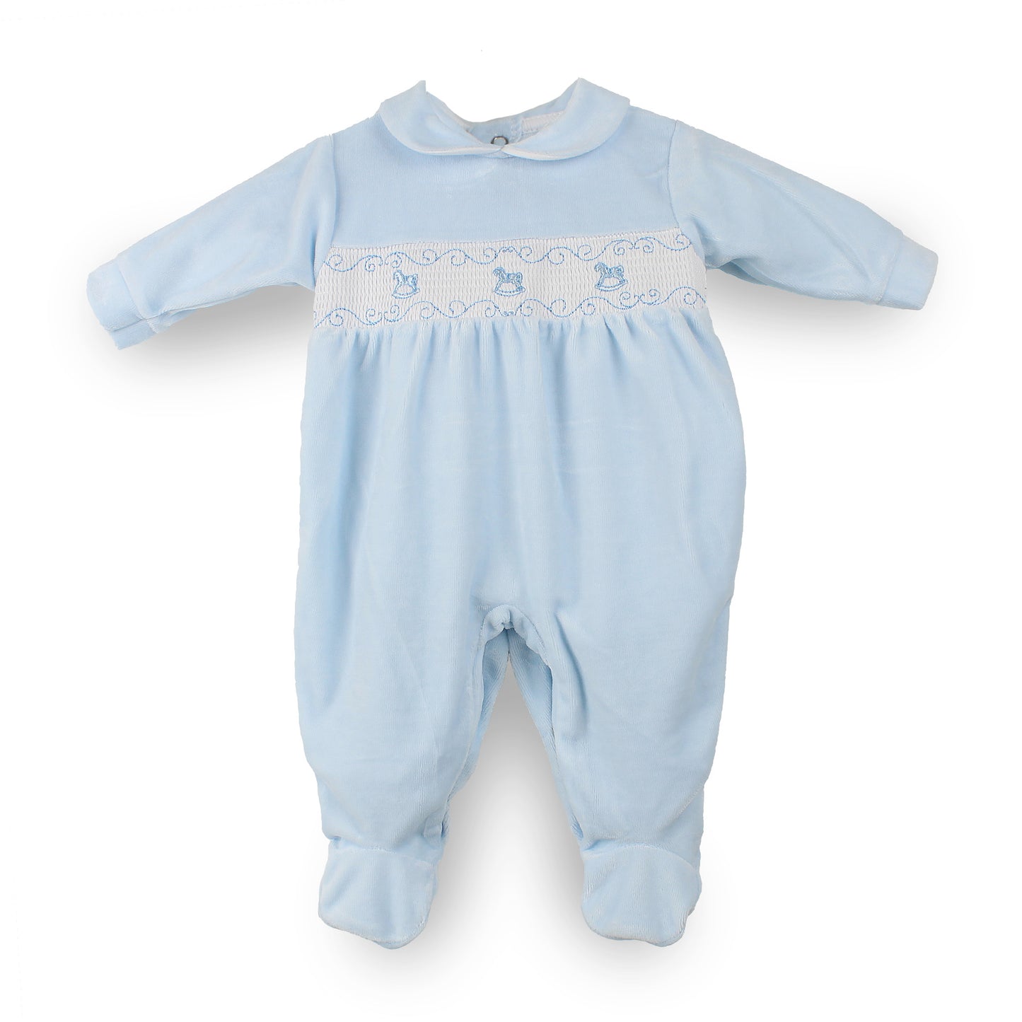 Pex blue velour baby sleepsuit with smocked rocking horse embroidery and rounded collar made in Portugal