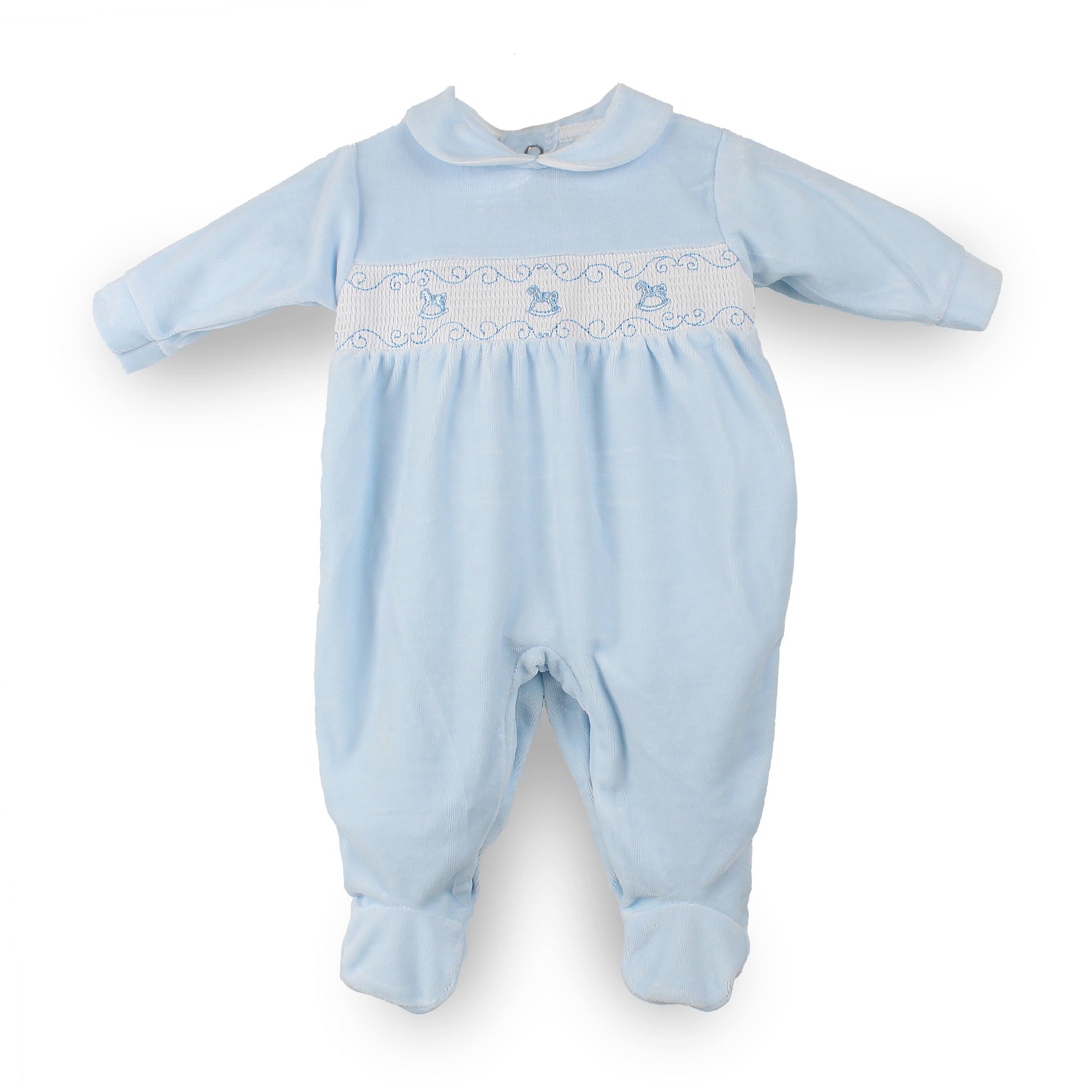 Pex blue velour baby sleepsuit with smocked rocking horse embroidery and rounded collar made in Portugal