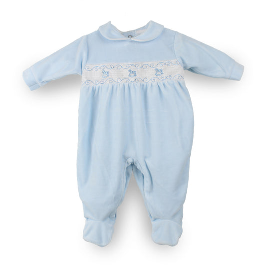 Pex blue velour baby sleepsuit with smocked rocking horse embroidery and rounded collar made in Portugal