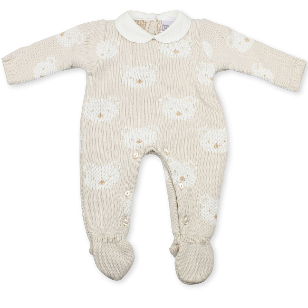 A baby's long-sleeve footed sleeper in cream knit with a repeating white teddy bear face pattern and a white Peter Pan collar, shown flat on a white background.