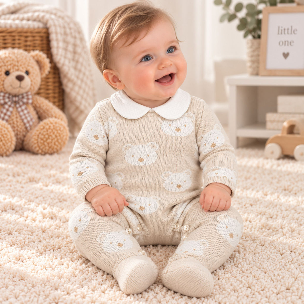 A baby sitting on a cream carpet wearing a beige knit footed romper with a white Peter Pan collar and white teddy bear prints. The background shows a cozy nursery setting with a teddy bear, a basket, and a small wooden toy cart.