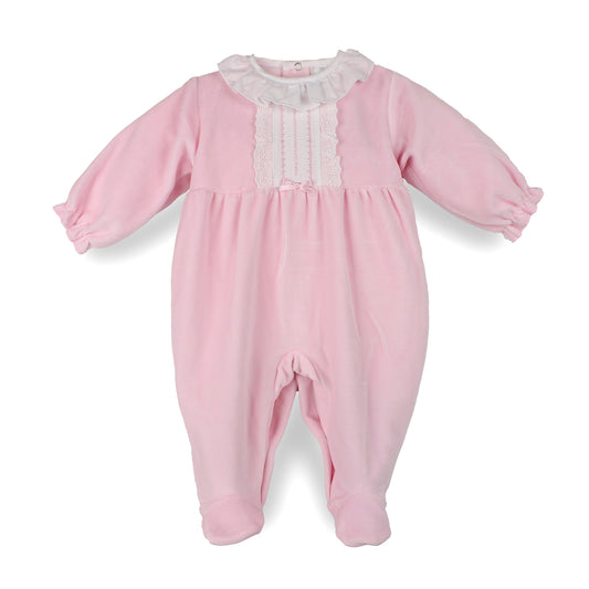 Pex baby girls pink velour sleepsuit with white frill collar and embroidered front panel