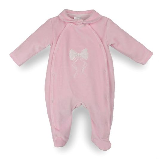 Pex baby girls pink velour babygrow with white embroidered bow and enclosed feet
