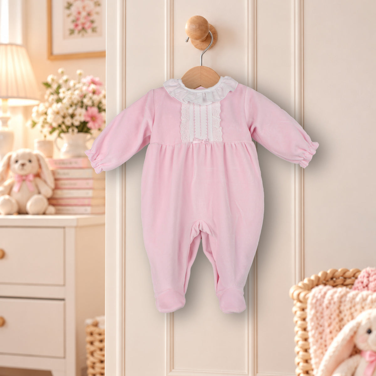 Pex Baby Girls Pink Velour Sleepsuit with Frill Collar – Made in Portugal