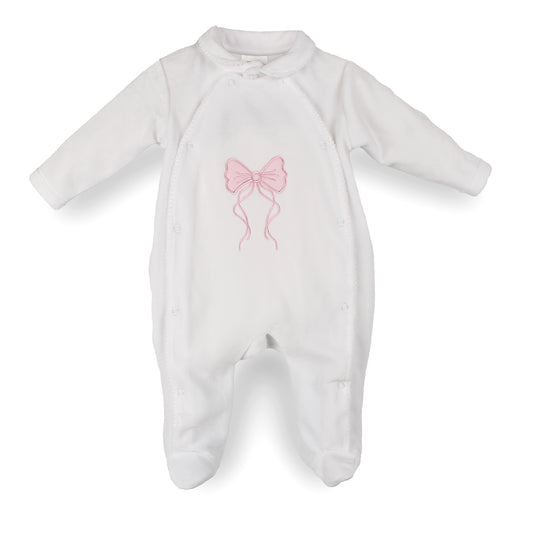 Pex Baby Girls White Velour Babygrow with Pink Embroidered Bow – Made in Portugal