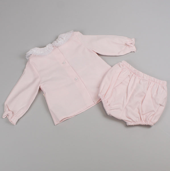 Baby Girls Pink Smocked Long Sleeve Outfit - Lace Collar - With Jam Pants