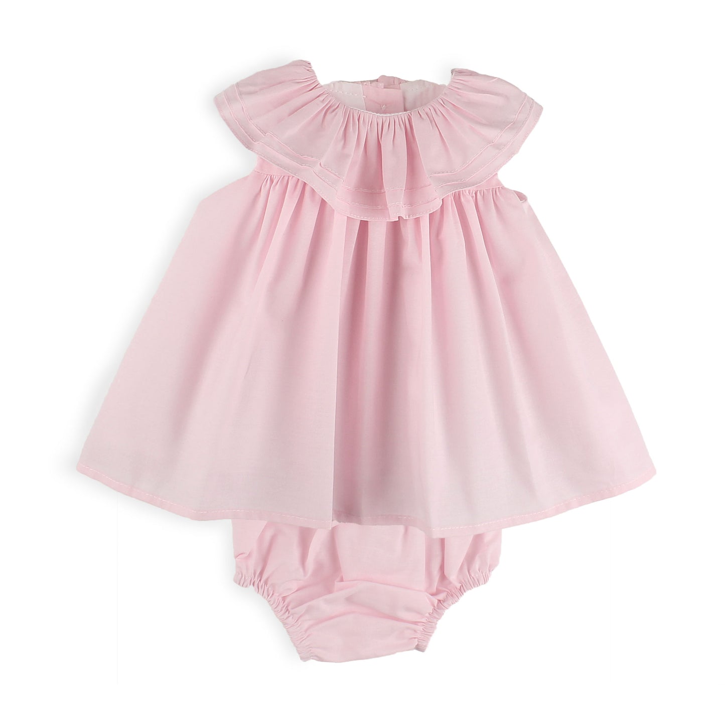 Pink baby dress with ruffled neckline on a white background
