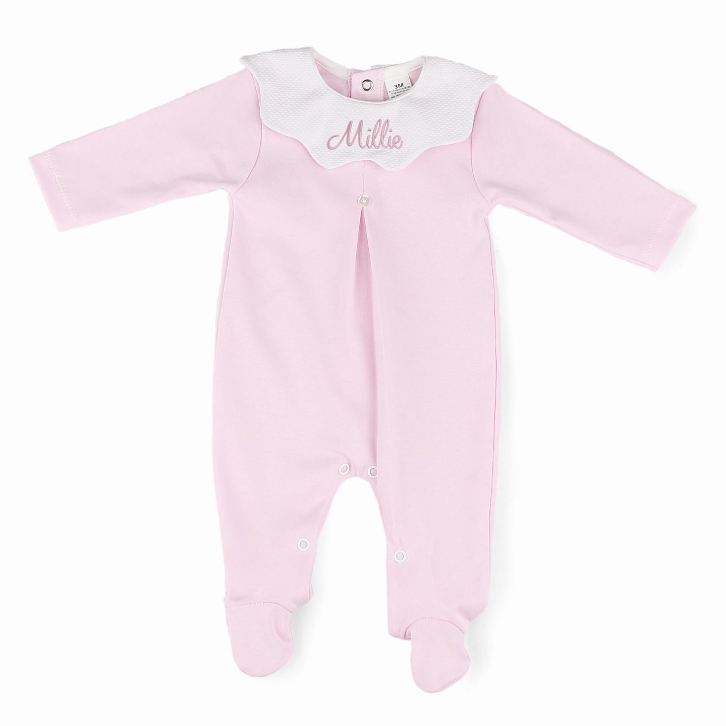 Personalised pink baby girl sleepsuit with scalloped white collar and embroidered baby name