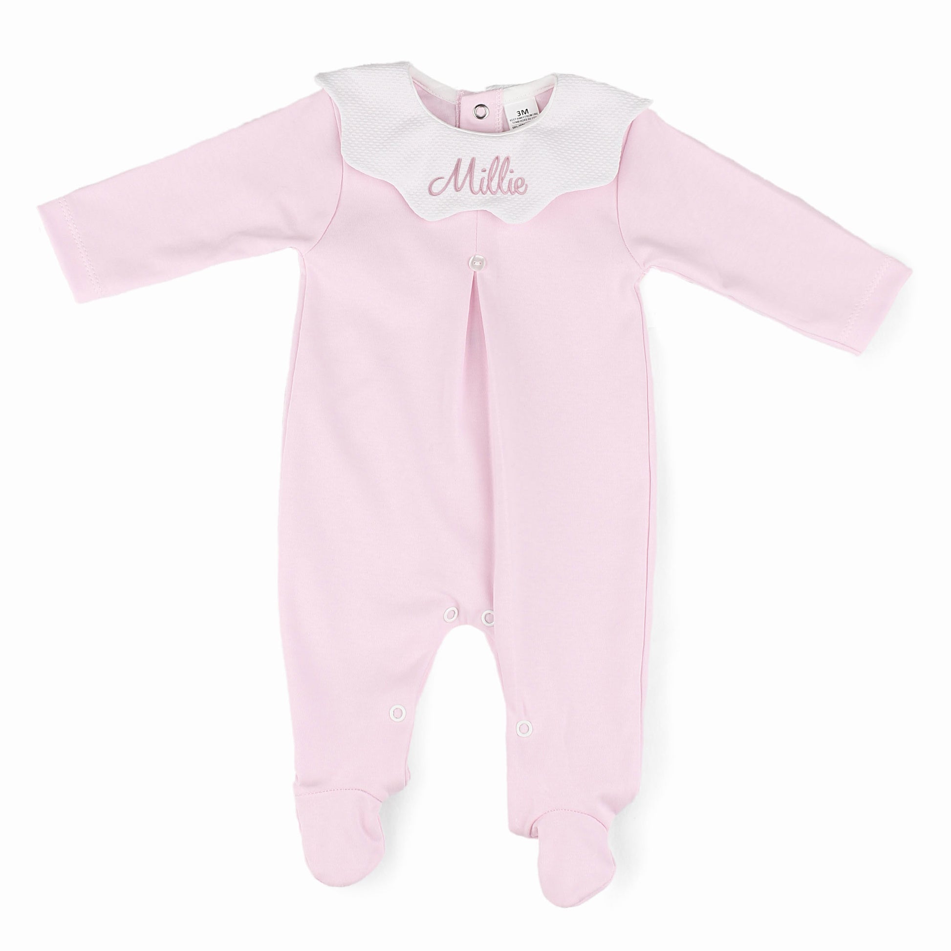 Personalised pink baby girl sleepsuit with scalloped white collar and embroidered baby name