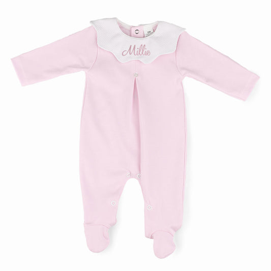 Personalised pink baby girl sleepsuit with scalloped white collar and embroidered baby name
