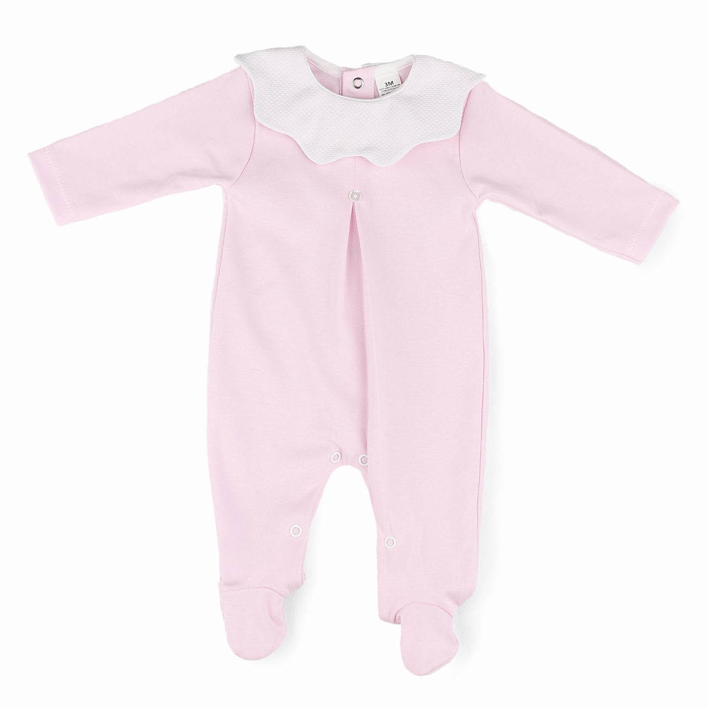 Pink baby onesie with white collar on a white background