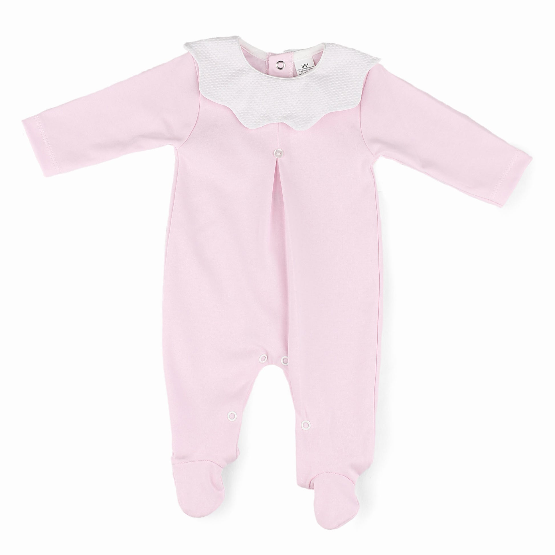 Pink baby onesie with white collar on a white background