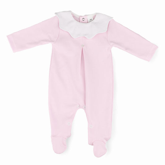 Pink baby onesie with white collar on a white background