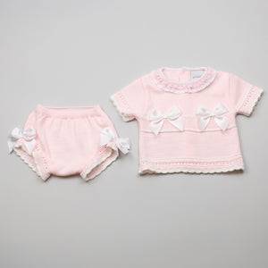 Baby Girl Knitted Outfit -Knitted Top and Bloomers Pink White Satin Bows