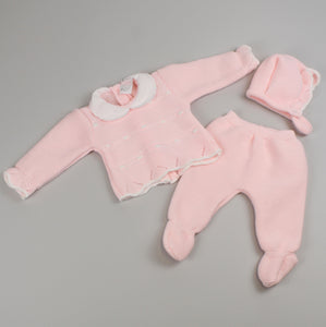 Baby Girls Pink Knitted Outfit - Top, Bottoms and Bonnet