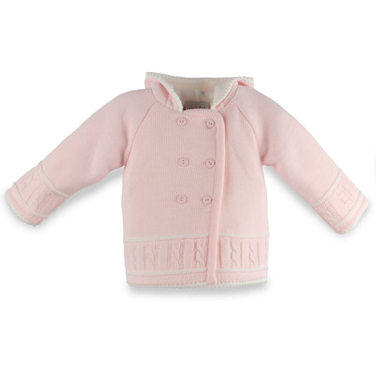 Pink baby jacket with white lining on a white background