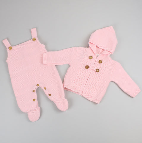baby girls pink knitted dungarees and cardigan