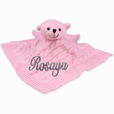 Personalised Knitted Baby Comforter - Pink Bear
