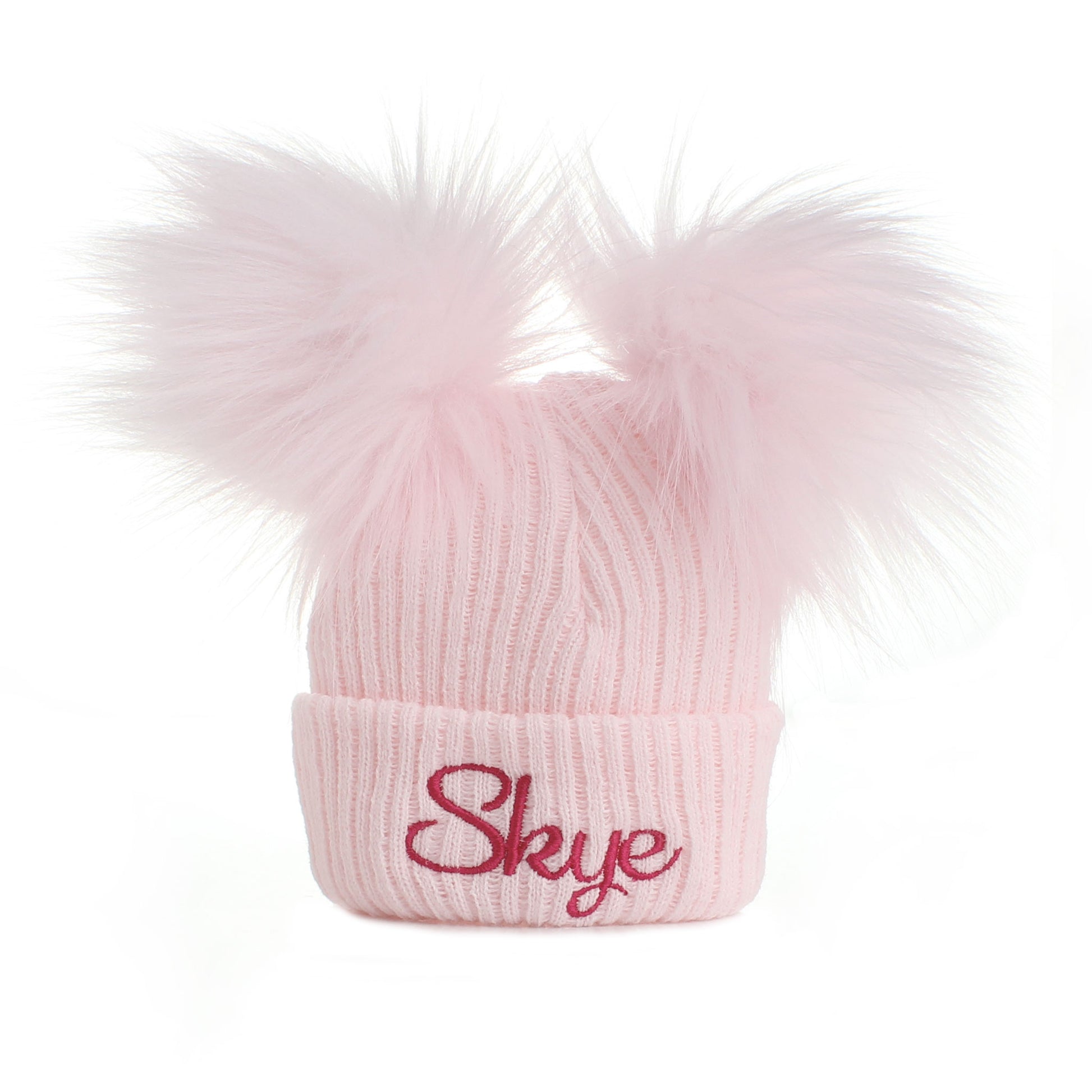 personalised baby girl hat wth pink faux fur pom poms