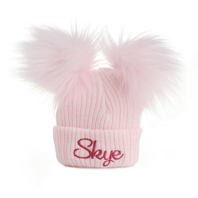 Personalised Baby Pom Hat – Pastel Pink Double Pom | Newborn & 0–6 Months