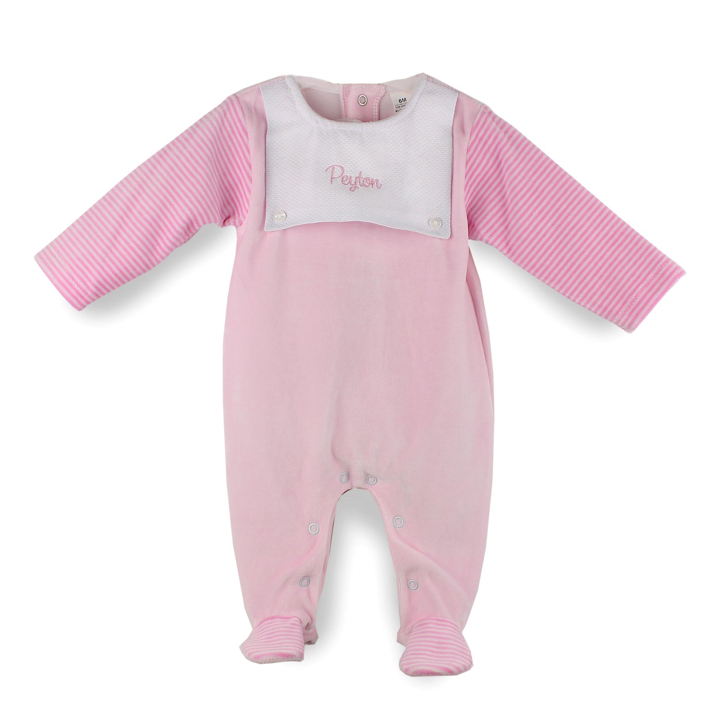 Personalised pink velour baby sleepsuit with striped sleeves and embroidered baby name