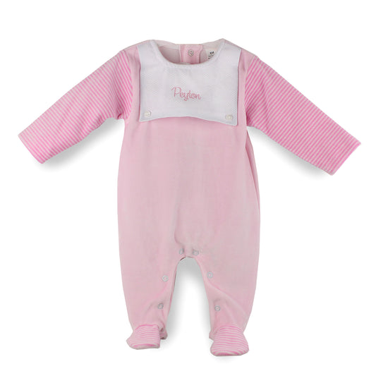 Personalised pink velour baby sleepsuit with striped sleeves and embroidered baby name
