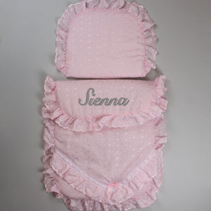Personalised Pram set / Quilt and Pillow - Universal / Broderie Anglaise Pink